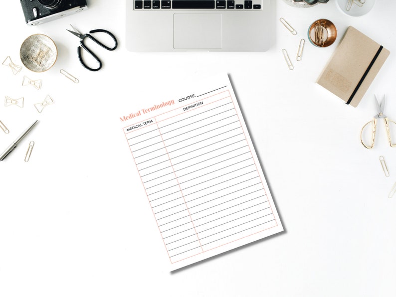 May include: A printable medical terminology worksheet with columns for medical terms and definitions. The worksheet is on a white background with a pink title.