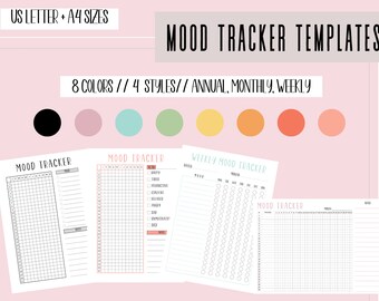 Mood Tracker Printable, Annual Mood Tracker Templates, Printable Mood Trackers, Daily Symptom Tracker, Happiness Log, Emotion Tracker, Log