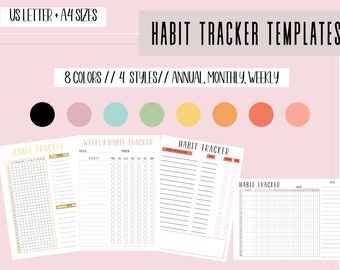 Yearly Habit Tracker, Monthly Habit Tracker Journal, Weekly Habit Log, Daily Habit Planner, Digital habit tacker chart, Habit challenge