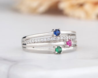 Selecteerbare 2 3 Birthstones Ring, rij gepersonaliseerde ring, handgemaakte sieraden, moeders familie ring, uniek cadeau voor haar, aangepaste sterling zilver