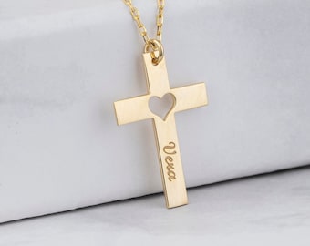 Name Engraved Cross Necklace, Personalized Gift, Handmade Jewelry, Mothers Name Necklace, Unique Gift For Her, Heart Engraved Cross Pendant