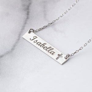 Name Engraved Bar & Cross Necklace, Christian Necklace, Personalized Gift, Handmade Jewelry, Mothers Name Necklace, Unique Gift For Her