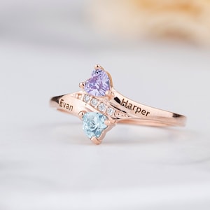 2 Heart Cut Birthstone Ring, 2 Name Engraved, Personalized Gift, Handmade Gift, Mothers Day Gift, Unique Gift For Her, Sterling Silver Ring