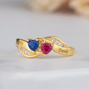 Curved Name Engraved Heart Birthstone Ring, Personalized Gift, Handmade Gift, Mothers Day Gift, Unique Gift For Her, Sterling Silver Ring