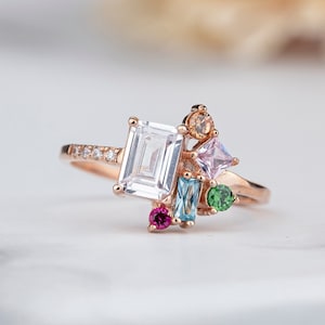 5 Birthstones Ring, Baguette and Square Ring, Handmade Jewelry, Mothers Family Ring, Unique Jewel, Gift For Her, Custom Sterling Silver Ring