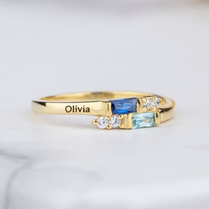 1 2 3 nombre grabado anillo de piedras natales, anillo personalizado baguette, joyería hecha a mano, anillo familiar de madres, regalo único para ella, anillo de letra