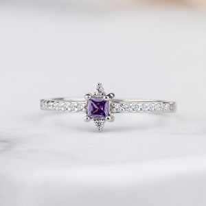 Stacking Single Square Cut Birthstone Ring, Personalized Ring, Handmade Jewelry, Mothers Family Ring, Diamond Band Silver Ring, Gift For Her