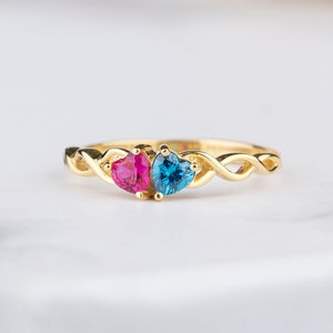 Anel de promessa de pedra de nascimento de coração duplo, ouro 14K, presente personalizado, joias feitas à mão, anel de família de mães, presente exclusivo para ela, presente de amante