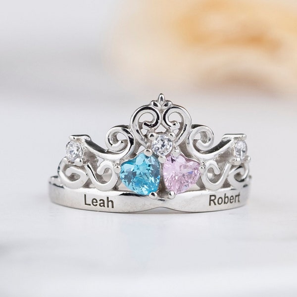 Name Engraved Heart Cut Birthstone Crown Ring, Personalized Gift, Handmade Gift, Mothers Day Gift, Unique Gift For Her, Sterling Silver Ring