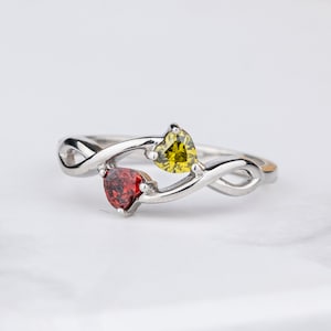 Double Heart Birthstones Ring, 14K Gold Filled Personalized Gift, Handmade Jewelry, Mothers Family Ring, Unique Gift For Her, Custom Silver