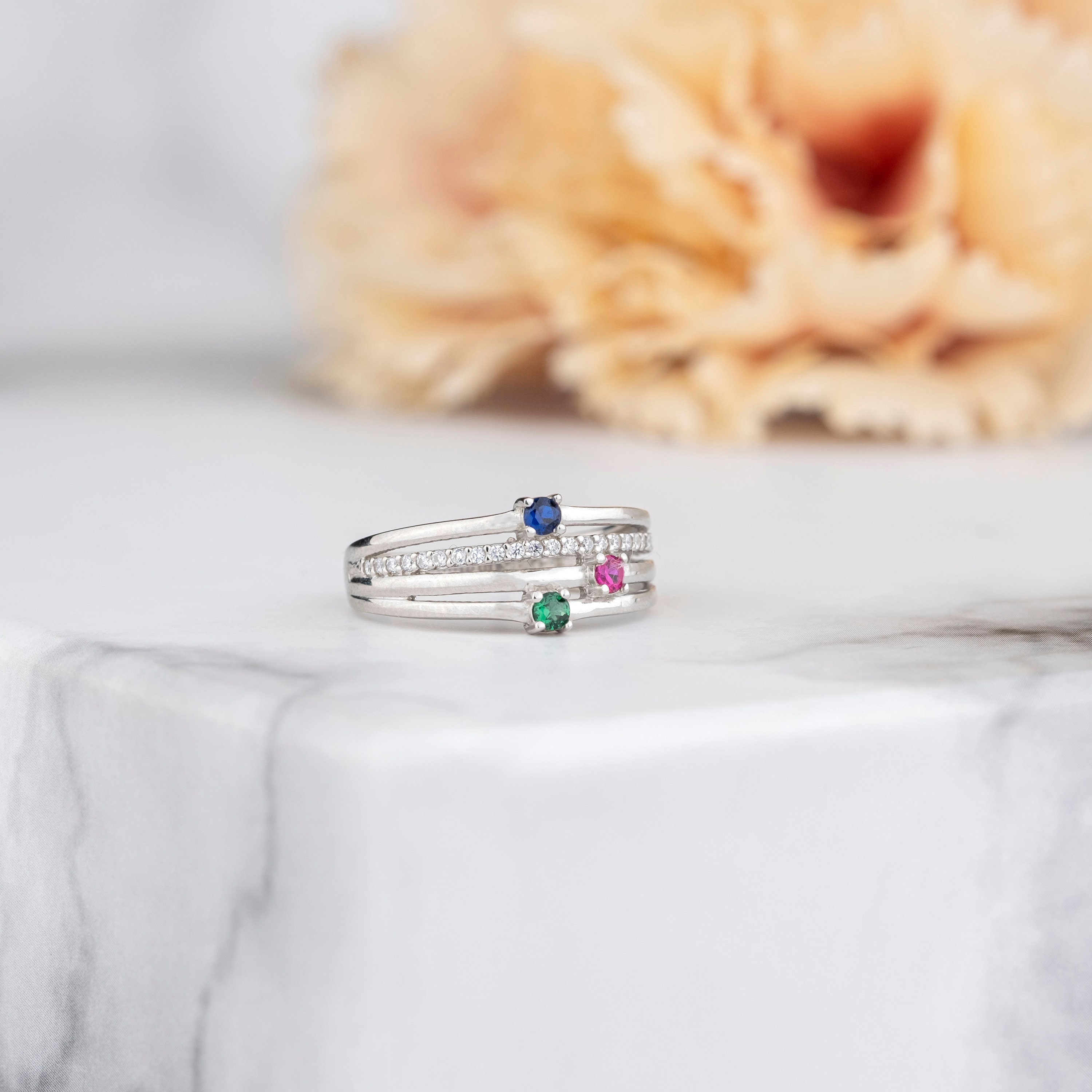 Selectable 2 3 Birthstones Ring, Row Personalized Ring, Handmade…