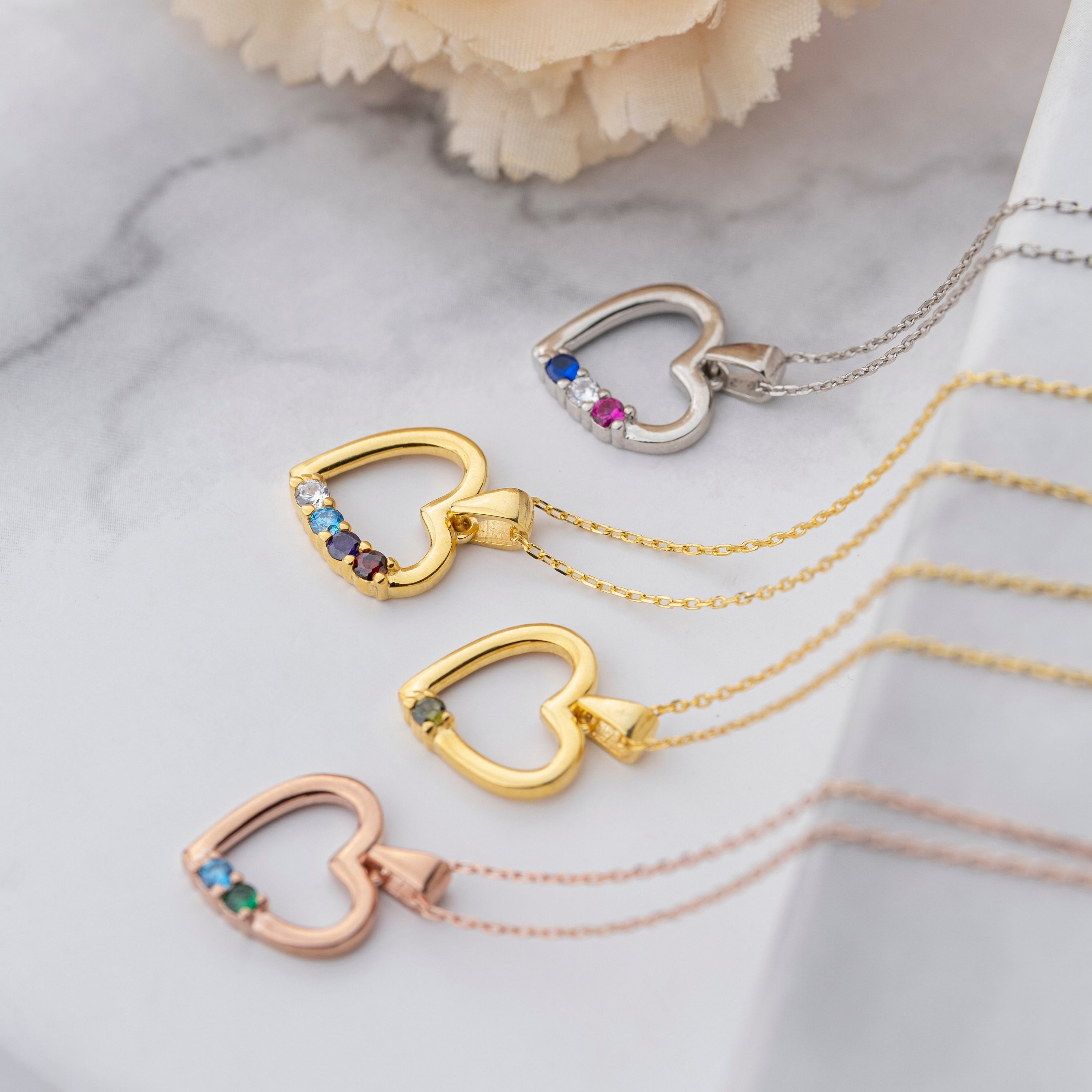 Heart Pendant Birthstone Necklace, Silver Necklace, Personalized Gift, Handmade Jewelry, Mothers Day Gift, Family Necklace, Gift For Her