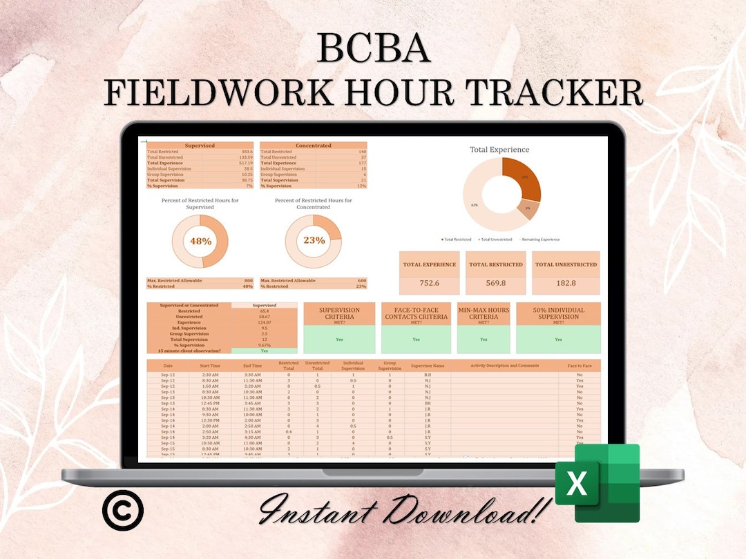 BCBA Fieldwork Hour Tracker supervised and (Instant Download) Etsy