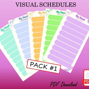 May include: A pack of four printable visual schedules for kids. Each schedule has a different color: light blue, orange, green, and purple. The schedules have the text "My Visual Schedule" on them. The text "PACK #1" is in a red box. The text "PDF Download" is at the bottom of the image.