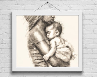 Sketch of woman holding her child | Decorative illustration | Home Decor | Digital Print | Digital Artwork