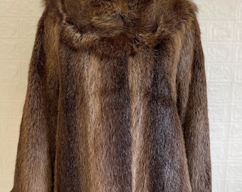 Vintage Beaver Fur Coat with Raccoon Trim, Women’s Size L