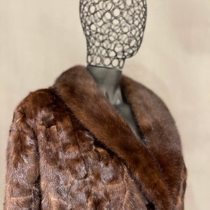 May include: A brown fur coat with a large collar. The coat is made of a soft, luxurious fur and has a classic, elegant style.