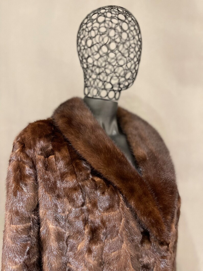 May include: A brown fur coat with a large collar. The coat is made of a soft, luxurious fur and has a classic, elegant style.