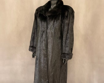 Abrigo largo vintage de piel de visón, negro oscuro, diseño único, hecho a mano, suave y brillante, perfecto estado, talla XL XXL.