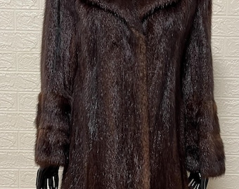 Long Brown Vintage Muskrat Fur Coat Unique Design Excellent Condition Size Small