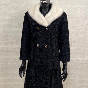 Vintage Handmade Italian XS Astrakhan Fur Coat with White Mink Collar Luxury Fashion Winter Outerwear Classic Elegant Timeless Designer