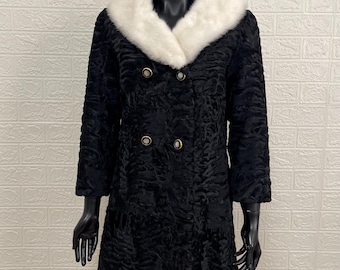 Vintage Handmade Italian XS Astrakhan Fur Coat with White Mink Collar Luxury Fashion Winter Outerwear Classic Elegant Timeless Designer