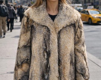 Vintage Handmade Coyote Fur Coat, Wide Sleeves, Size XL