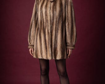 Muskrat Fur Coat, Vintage Muskrat Coat, Preloved Fur Coat, Soft Fur Coat, Handmade, Womens Fur Coat, Genuine Leather Jacket, Size M/L