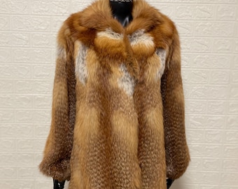 Vintage Red Fox Fur Coat Women’s Size M/L – Genuine Real Fur Jacket, Luxury Winter Outerwear, Handmade European Fur, Excellent Condition