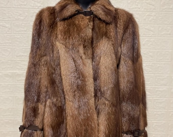 Vintage Muskrat Fur Coat Unique Design Luxury Brown Fur Jacket Size L XL Excellent Condition