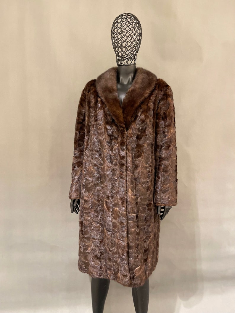 May include: A long brown fur coat with a large fur collar. The coat is made of a soft, luxurious fur and has a classic, elegant style.