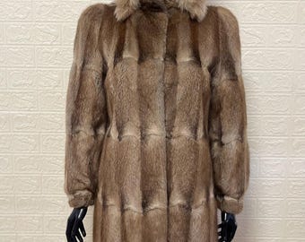 Vintage Muskrat Fur Coat with Fox Trim Hood, Handmade Size Small