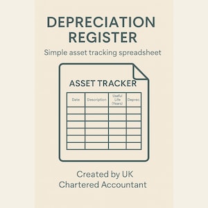 Puede incluir: Una ilustración en blanco y negro de una hoja de cálculo titulada "Asset Tracker". La hoja de cálculo tiene columnas para Fecha, Descripción, Vida útil (Años) y Depreciación. El texto "Depreciation Register" está en la parte superior de la imagen, y el texto "Simple asset tracking spreadsheet" está debajo. El texto "Created by UK Chartered Accountant" está en la parte inferior de la imagen.