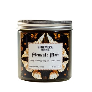 Fall Scented Candle | Memento Mori | Damp Leaves, Pumpkin, Cloves | 11 oz Wood Wick Candle | Dark Scents | Goth Candles