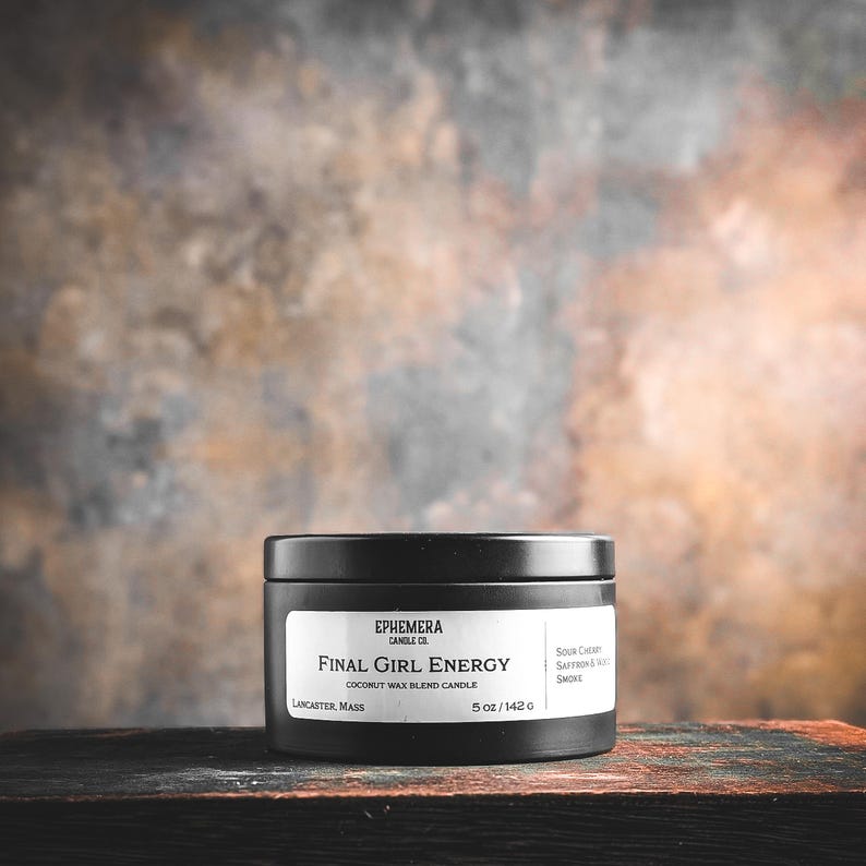 Final Girl Energy Candle Horror Movie Tropes Sour Cherry, Saffron, Wood
