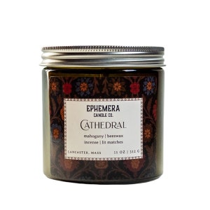 Cathedral Scented Candle | Mahogany, Beeswax, Incense & Lit Matches | Smoky Scents | 11 oz Wood Wick Candle | Coconut Wax