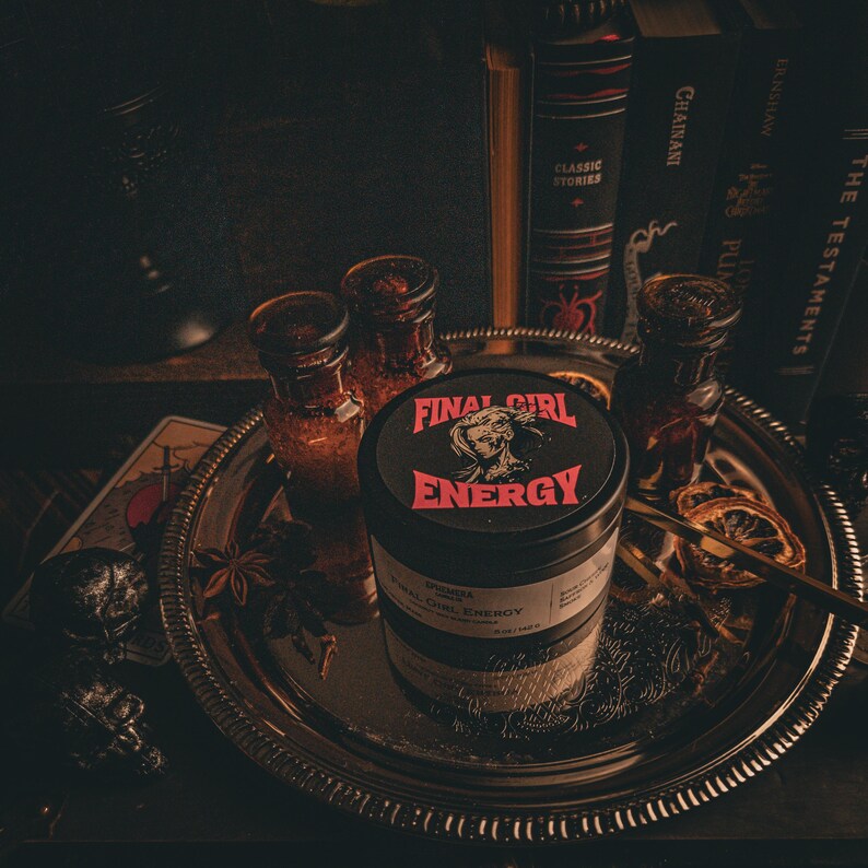 Final Girl Energy Candle Horror Movie Tropes Sour Cherry, Saffron, Wood