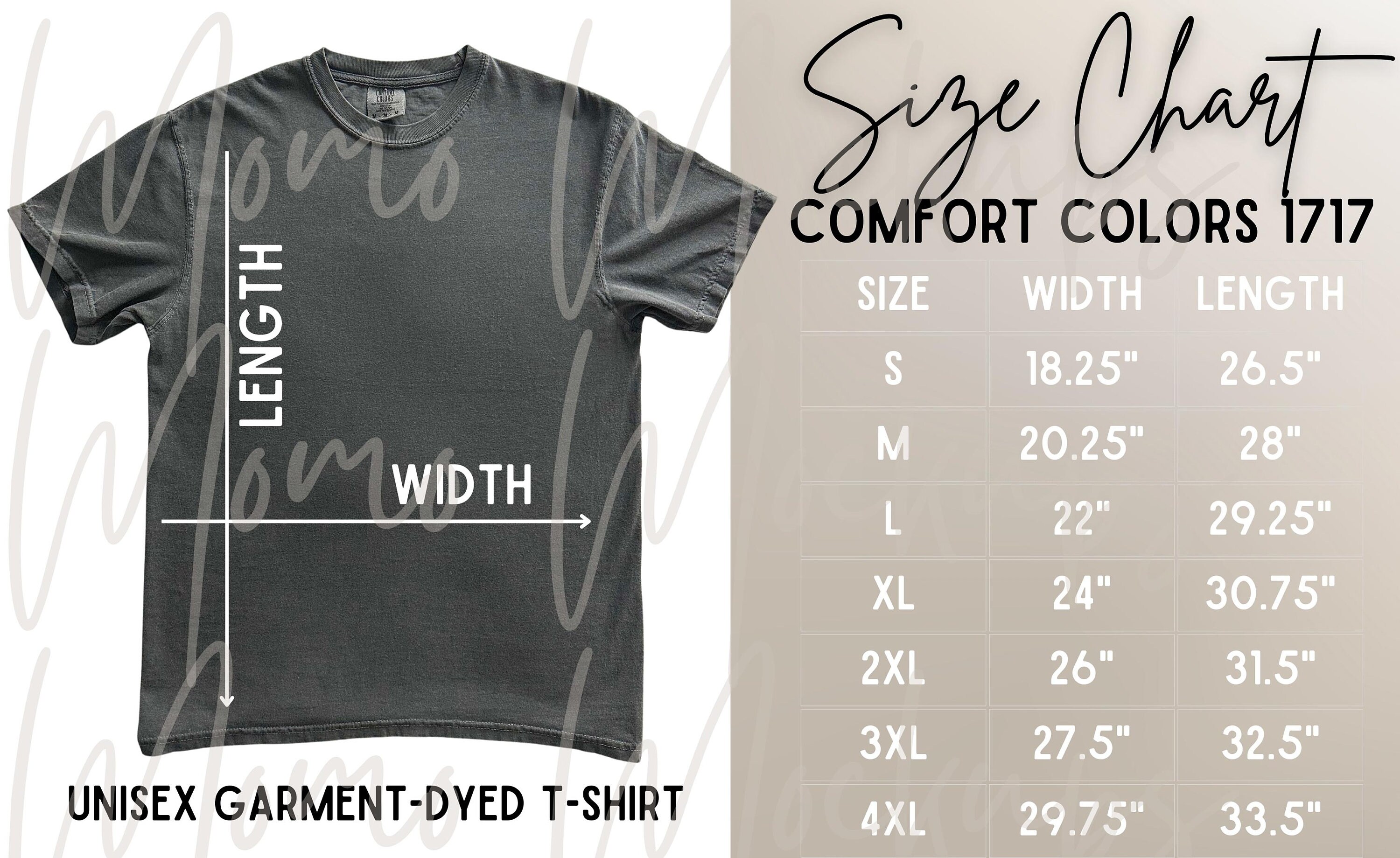 Comfort Colors 1717 T-Shirt Color and Size Chart, Comfort Colors T-Shirt  Color Chart, Comfort Colors Size Chart