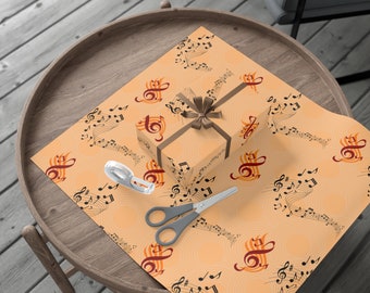 May include: A gift wrapped in orange and brown wrapping paper with a musical note design. The gift is tied with a brown ribbon and bow. A pair of scissors and a roll of tape are on the table next to the gift.