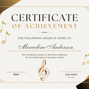 Certificate of Achievement, Music Recital, Customize Template, Digital Download Certificate, Printable Music Certificate, Music Teachers image 1