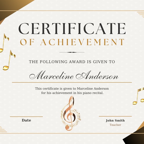 Certificate of Achievement, Music Recital, Customize Template, Digital Download Certificate, Printable Music Certificate, Music Teachers