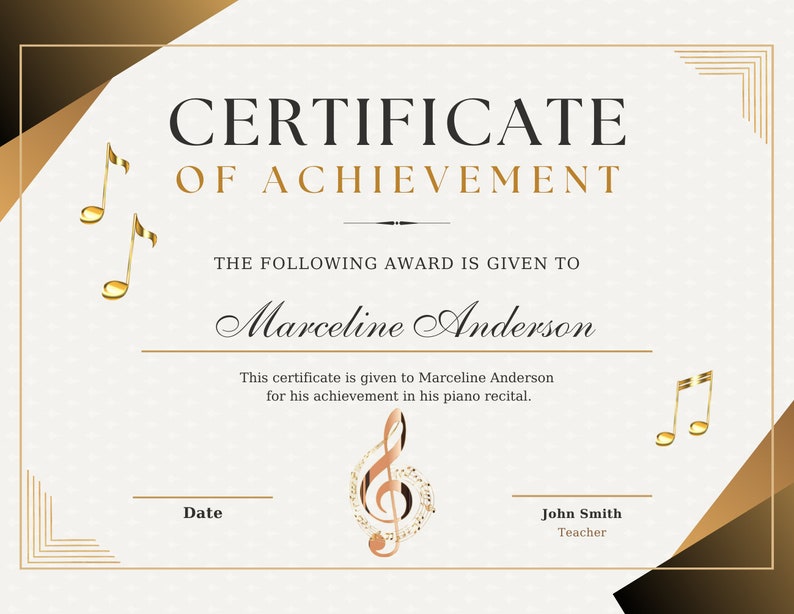 Certificate of Achievement, Music Recital, Customize Template, Digital Download Certificate, Printable Music Certificate, Music Teachers image 1