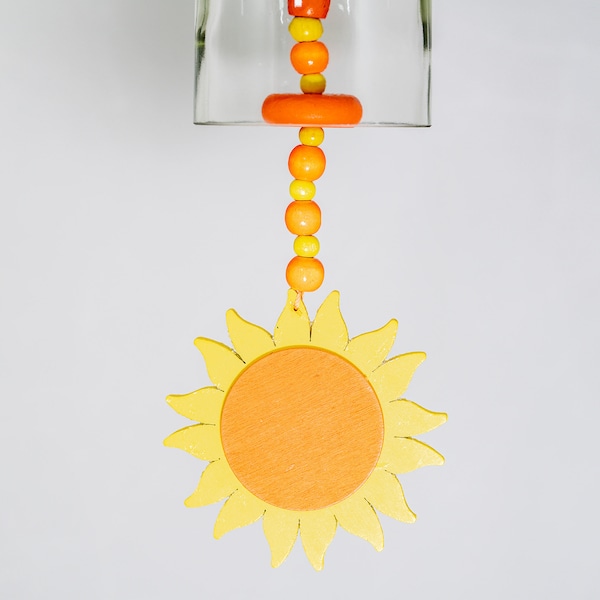 Sunflower Wind Chime Wine Bottle • Orange Yellow Beads • Wood Striker • Orange Yellow Sunflower • Clear Glass Wine Bottle Wind Chime C-1039