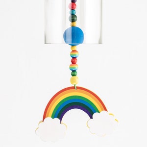 Rainbow Wind Chime Wine Bottle • Rainbow Colored Beads • Rainbow With Clouds Wind Catcher • Clear Glass Wine Bottle Wind Chime C-1026