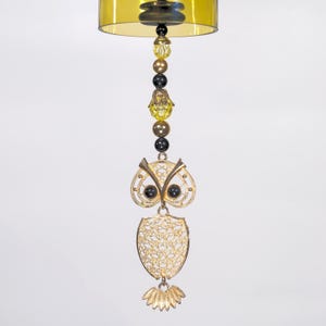Owl Pendant Amber Wine Bottle Wind Chime • Black Gold Amber Colored Beads • Sarah Coventry NITE OWL Pendant Wind Catcher • Wind Chime A-1025