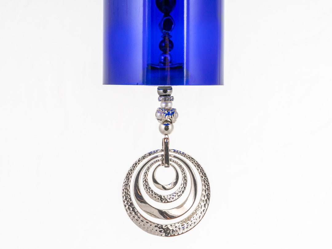 Blue Wine Bottle Wind Chime Silver Beads Multihooped Wind Catcher Blue
