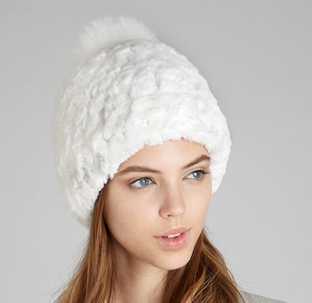White Knit Rabbit Fur Hat With Fox Pom Pom - Etsy