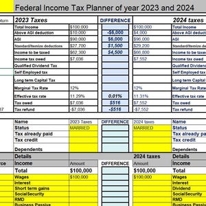 Excel 2023 and 2024 Tax Planner spreadsheet, Retirement Calculator, IRA vs Roth, W2  Self employment, 1099 tax planner&#39;