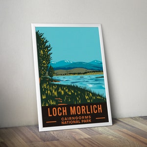 Loch Morlich Poster Nationalpark Drucke Cairngorms Nationalpark Schottland Nationalpark Geschenk Wandern Wandkunst Nationalpark Plakat Vintage