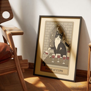 Quatre tasses de tarot de chats | Impressions d'art de cartes de tarot sur le thème des chats | Poster imprimable déco pour les amoureux des chats